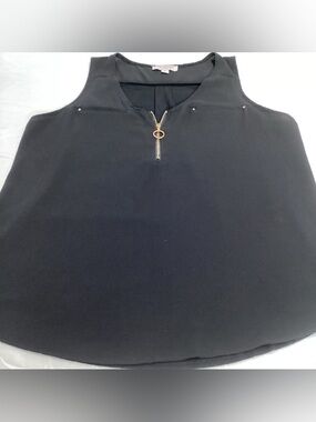 Tempted Black Sleeveless GOLD Zip-Accent Blouse. SOFT BACK. ROUNDED HEM.